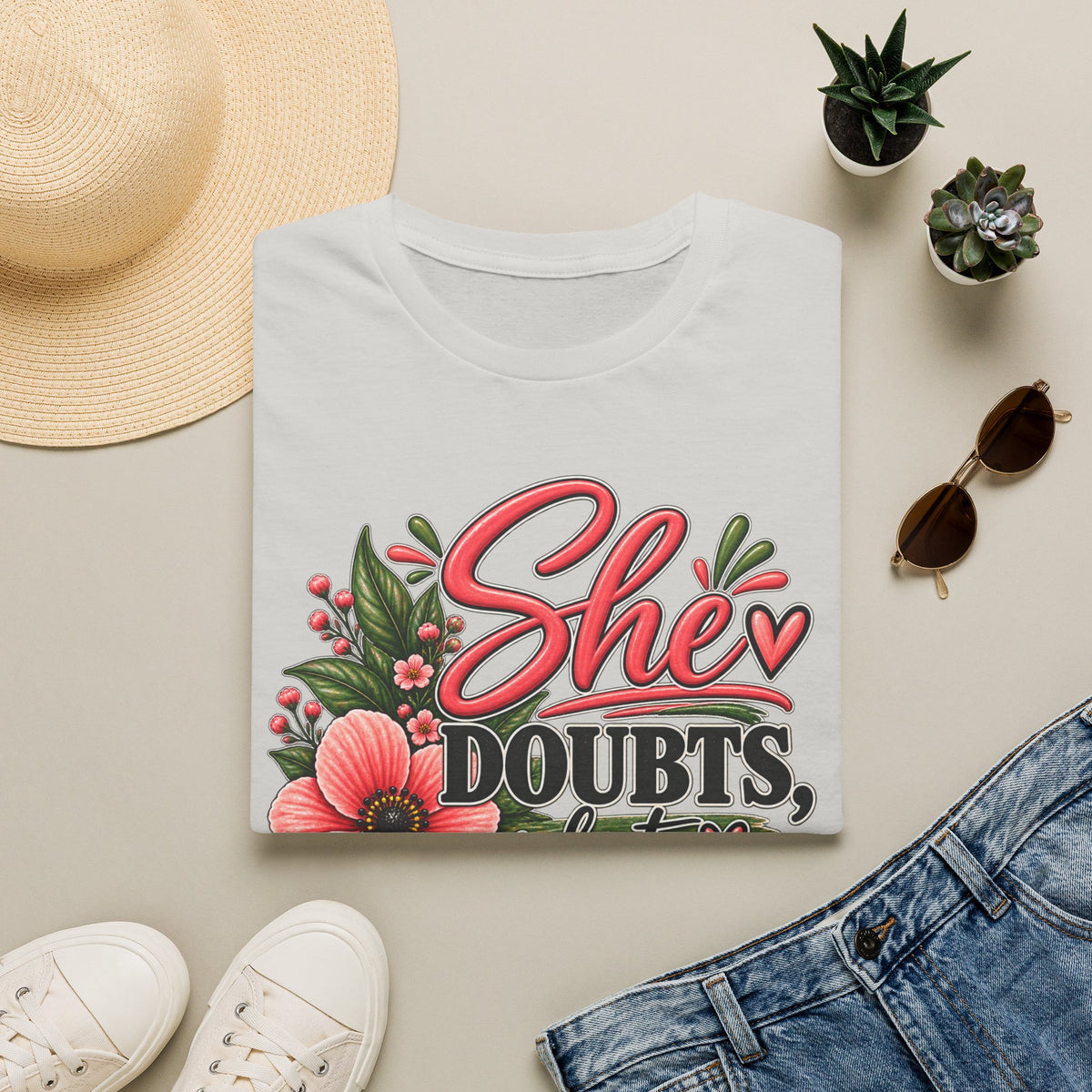 She Doubts But Every Day She Does T-Shirt | Floral Inspirational Typography