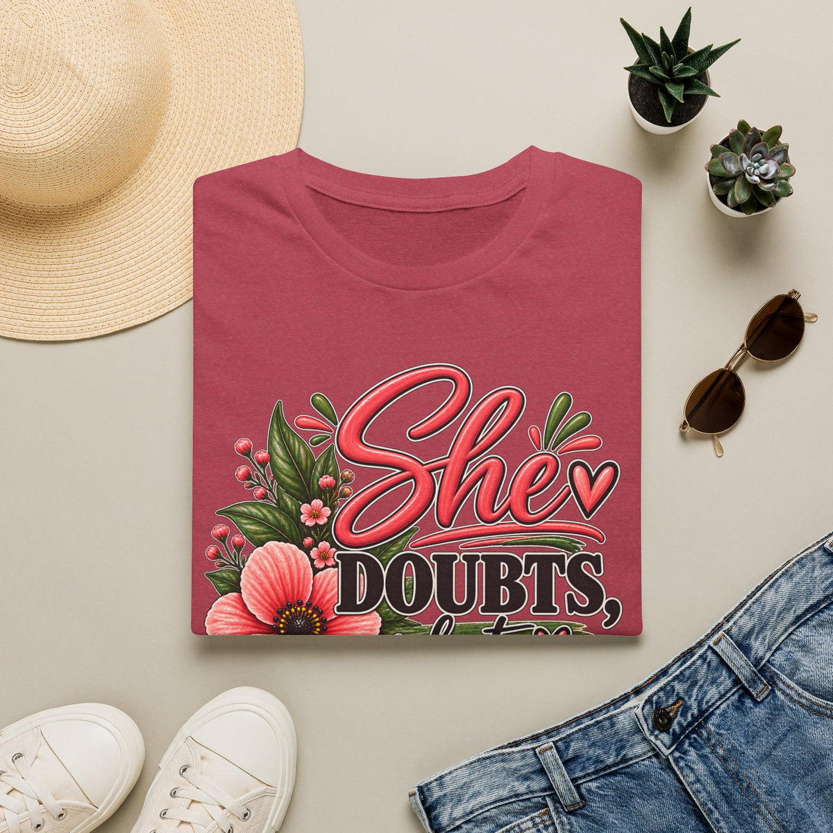 She Doubts But Every Day She Does T-Shirt | Floral Inspirational Typography