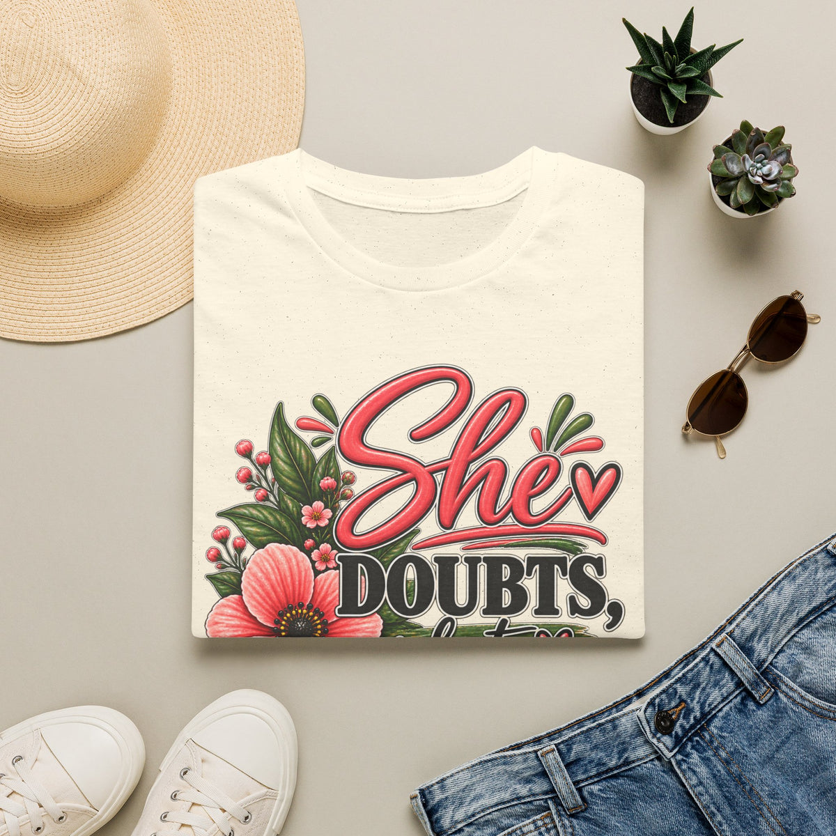 She Doubts But Every Day She Does T-Shirt | Floral Inspirational Typography
