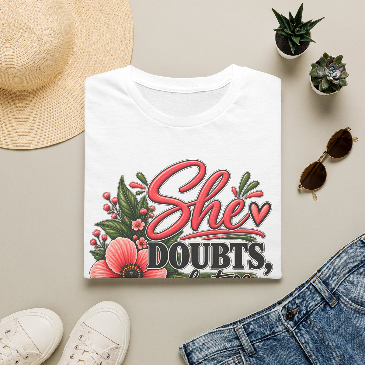 She Doubts But Every Day She Does T-Shirt | Floral Inspirational Typography