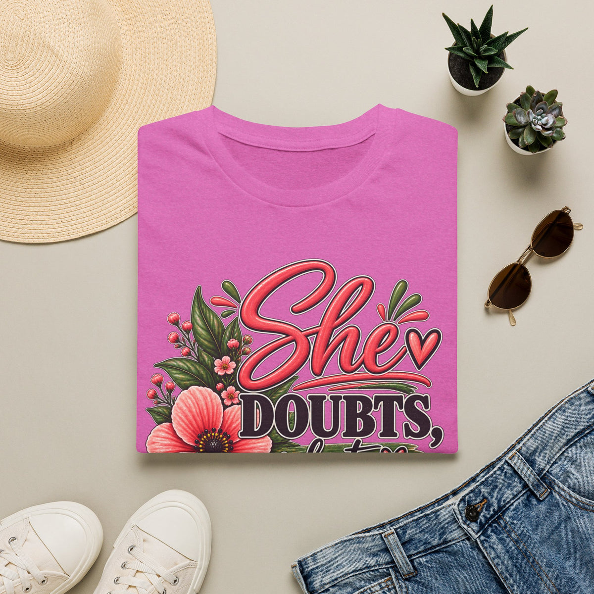 She Doubts But Every Day She Does T-Shirt | Floral Inspirational Typography